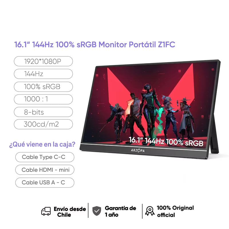 16.1" 144Hz 100% Srgb 1080P FHD Portable Gaming Monitor HDR External Second Screen for Switch, Xbox,Ps5,Laptop,Pc,Z1Fc